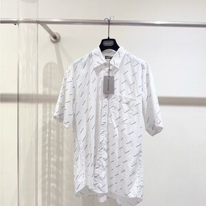 🚩steal authentic Balenciaga White All-Over Logo Short-Sleeve Button-Up Shirt
